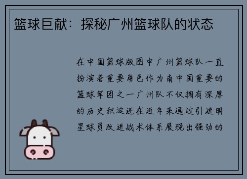 篮球巨献：探秘广州篮球队的状态