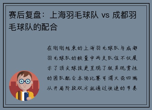 赛后复盘：上海羽毛球队 vs 成都羽毛球队的配合